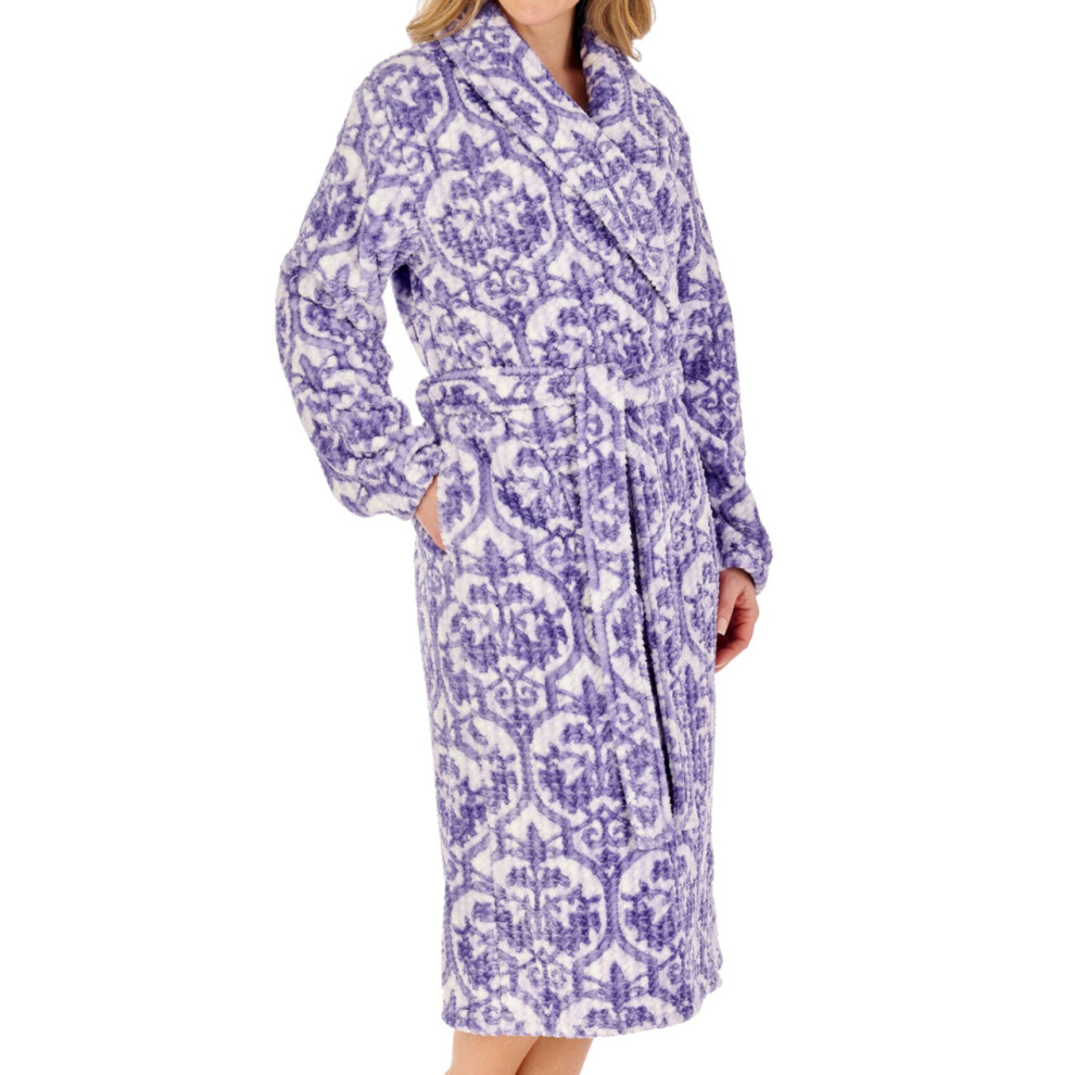 (Purple, Small - UK 10/12) Slenderella Ladies Damask Waffle Fleece Shawl Collar Dressing Gown