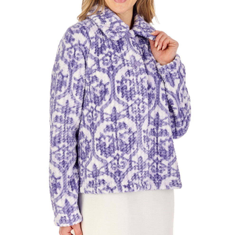 (Purple, Large - UK 16/18) Slenderella Ladies Waffle Fleece Damask Button Front Bed Jacket