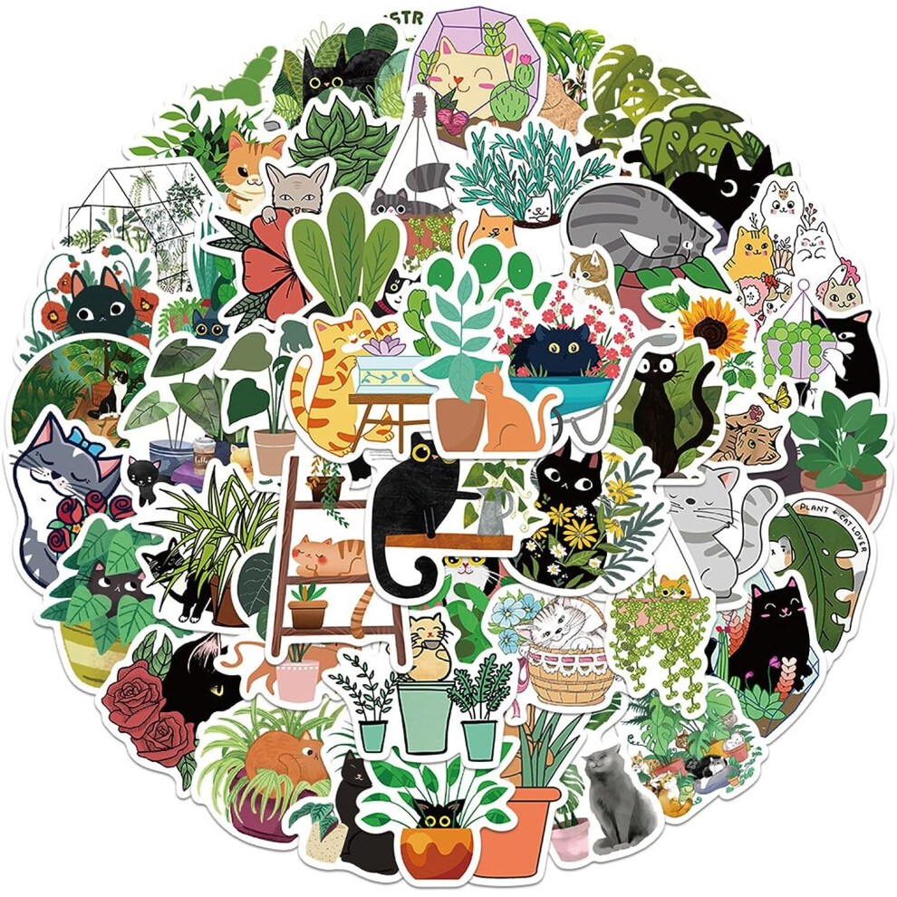 Mascot 50 Pcs Cat And Plant Stickers For Water Bottles,Cute Vinyl Waterproof Laptop Skateboard Stickers Aesthetic Computer Hydroflask Phone Stickers