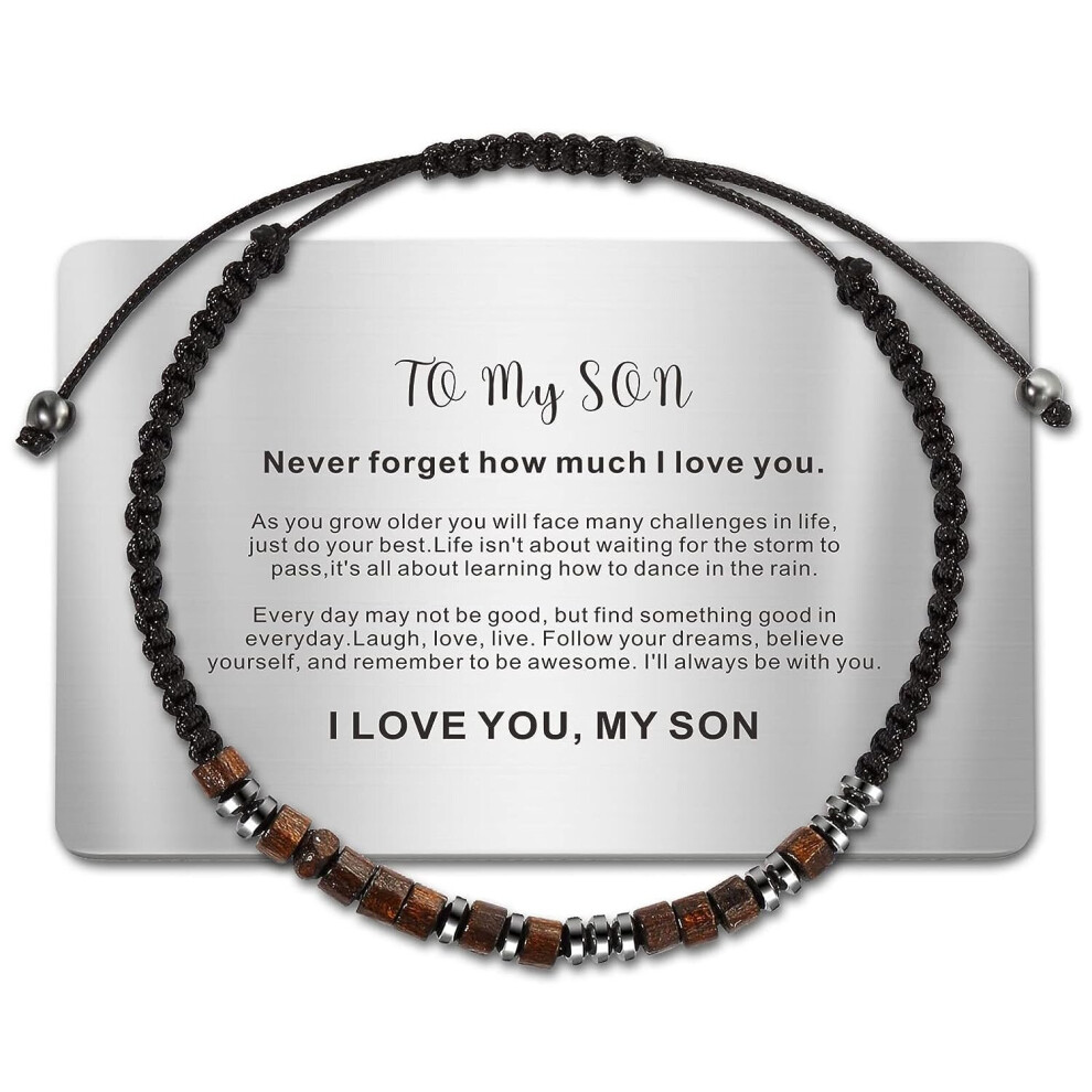 Mum's bracelet for son, morse code bracelet with engraved wallet card, graduation gift for son, adjustable handmade men's beaded bracelet