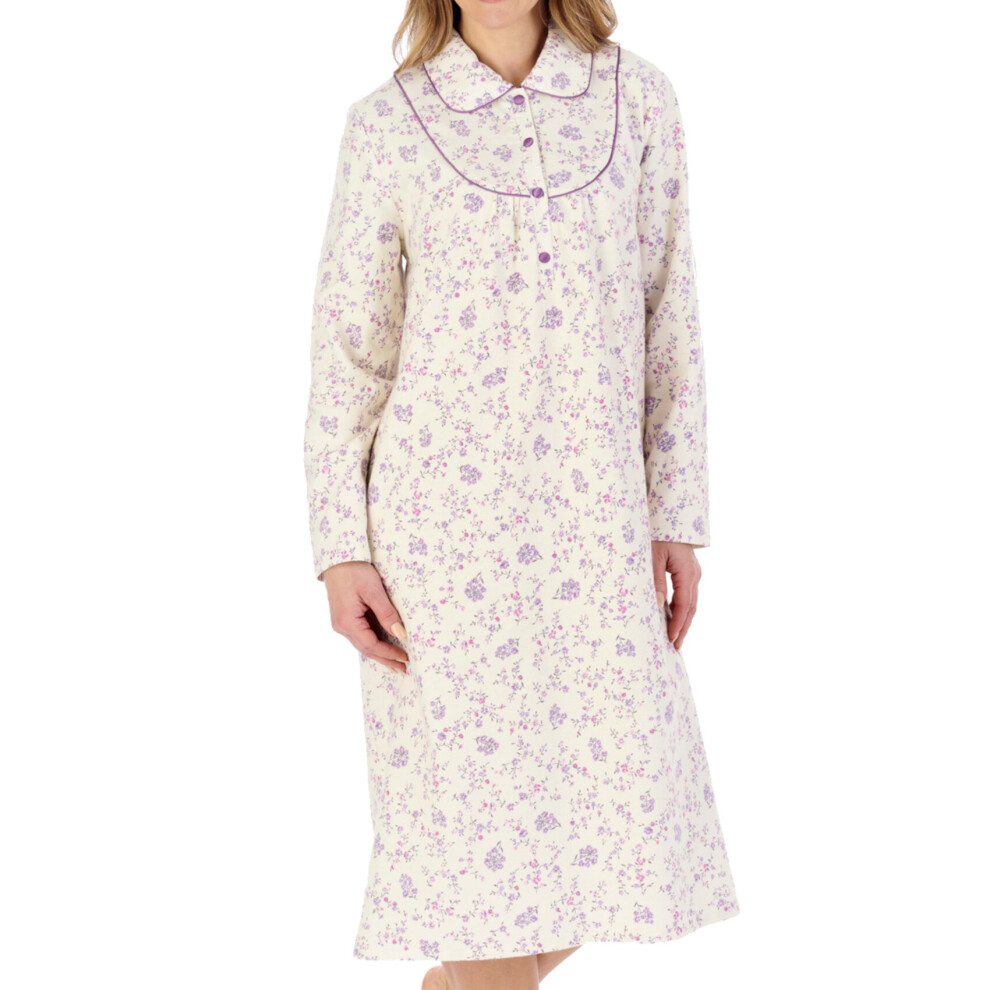 (Cream, UK 24/26) Slenderella Ladies Floral Peter Pan Collar Long Sleeve Flannel Nightdress