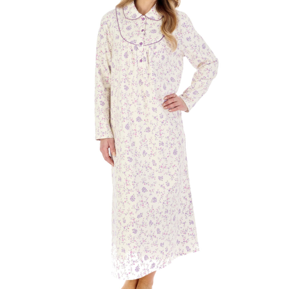 (Cream, UK 20/22) Slenderella Ladies Floral Peter Pan Collar Ankle Length Flannel Nightdress