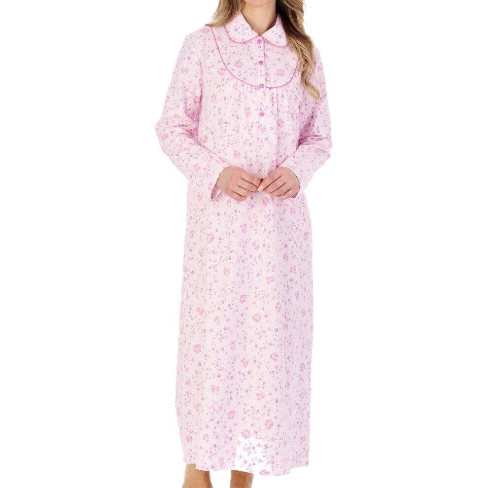 (Pink, UK 16/18) Slenderella Ladies Floral Peter Pan Collar Ankle Length Flannel Nightdress