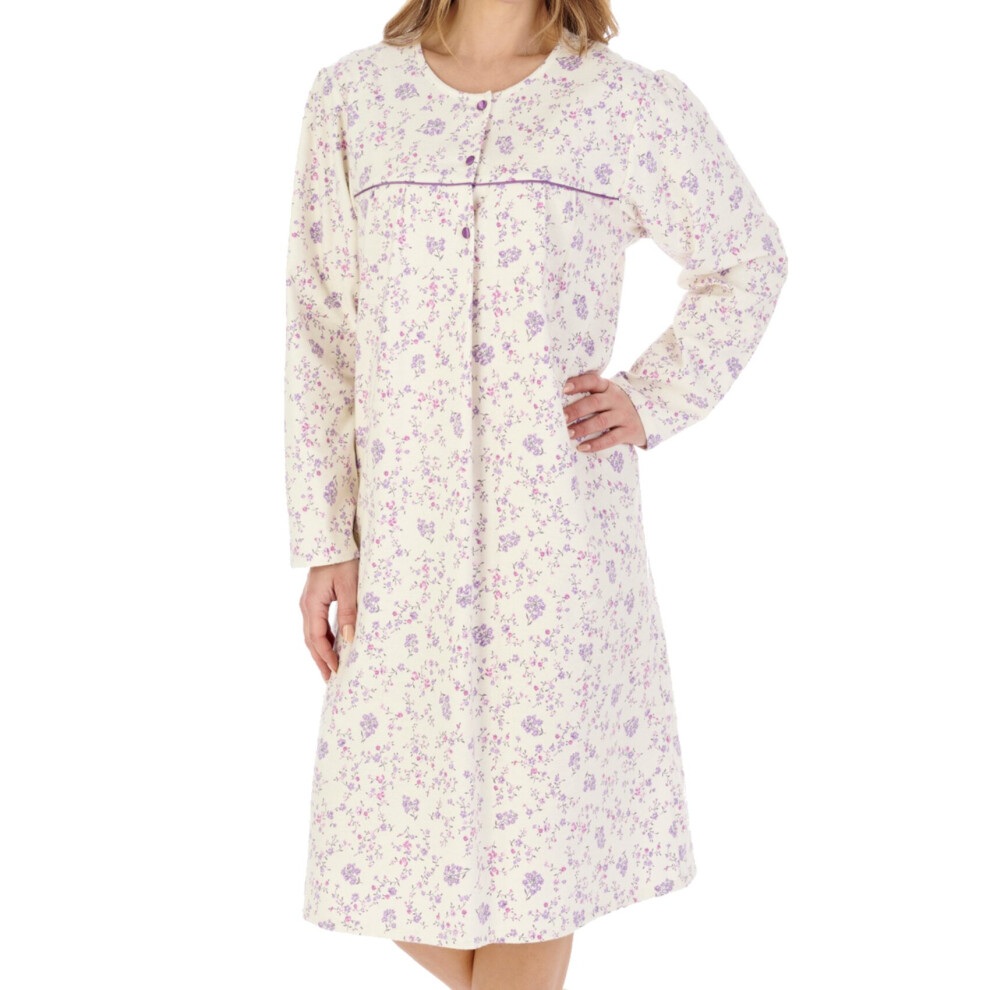 (Cream, UK 20/22) Slenderella Ladies Floral Long Sleeve Flannel Cotton Nightdress