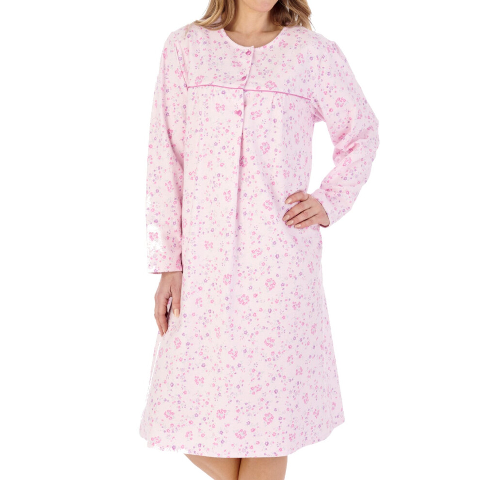 (Pink, UK 16/18) Slenderella Ladies Floral Long Sleeve Flannel Cotton Nightdress