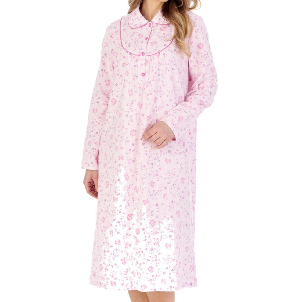 (Pink, UK 28/30) Slenderella Ladies Floral Peter Pan Collar Long Sleeve Flannel Nightdress