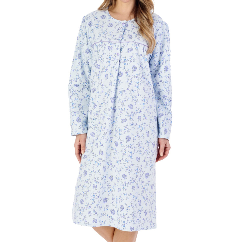 (Blue, UK 20/22) Slenderella Ladies Floral Long Sleeve Flannel Cotton Nightdress