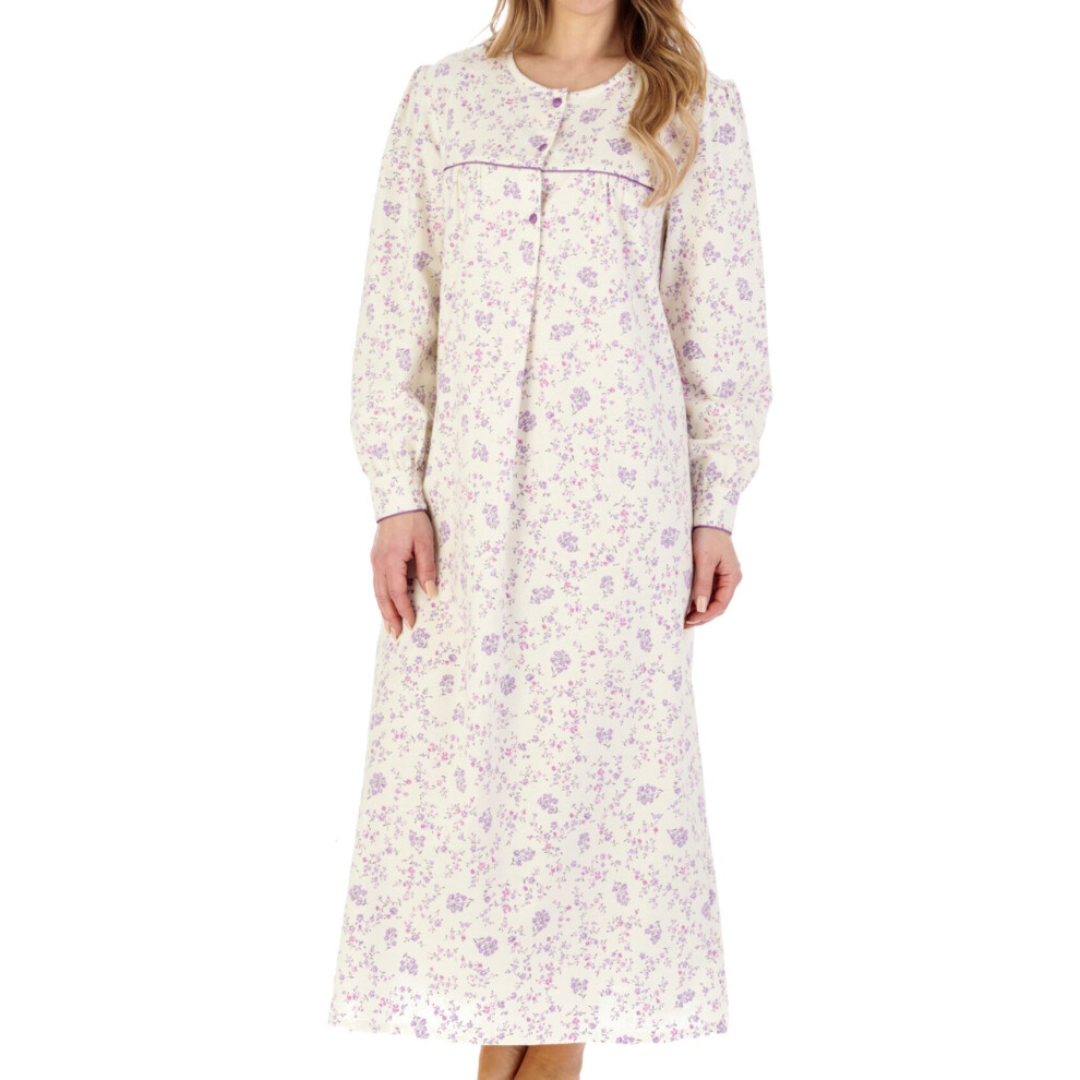 (Cream, UK 28/30) Slenderella Ladies Floral Flannel Cuffed Sleeve Long Nightdress