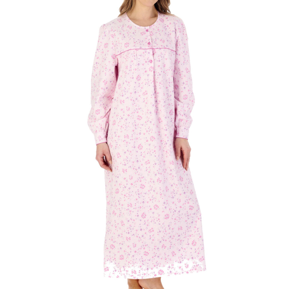 (Pink, UK 24/26) Slenderella Ladies Floral Flannel Cuffed Sleeve Long Nightdress