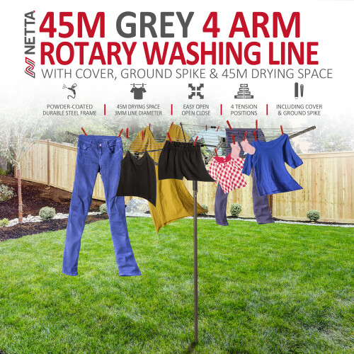 NETTA (Grey) NETTA Rotary Washing Line, 4 Arm - 45M 1