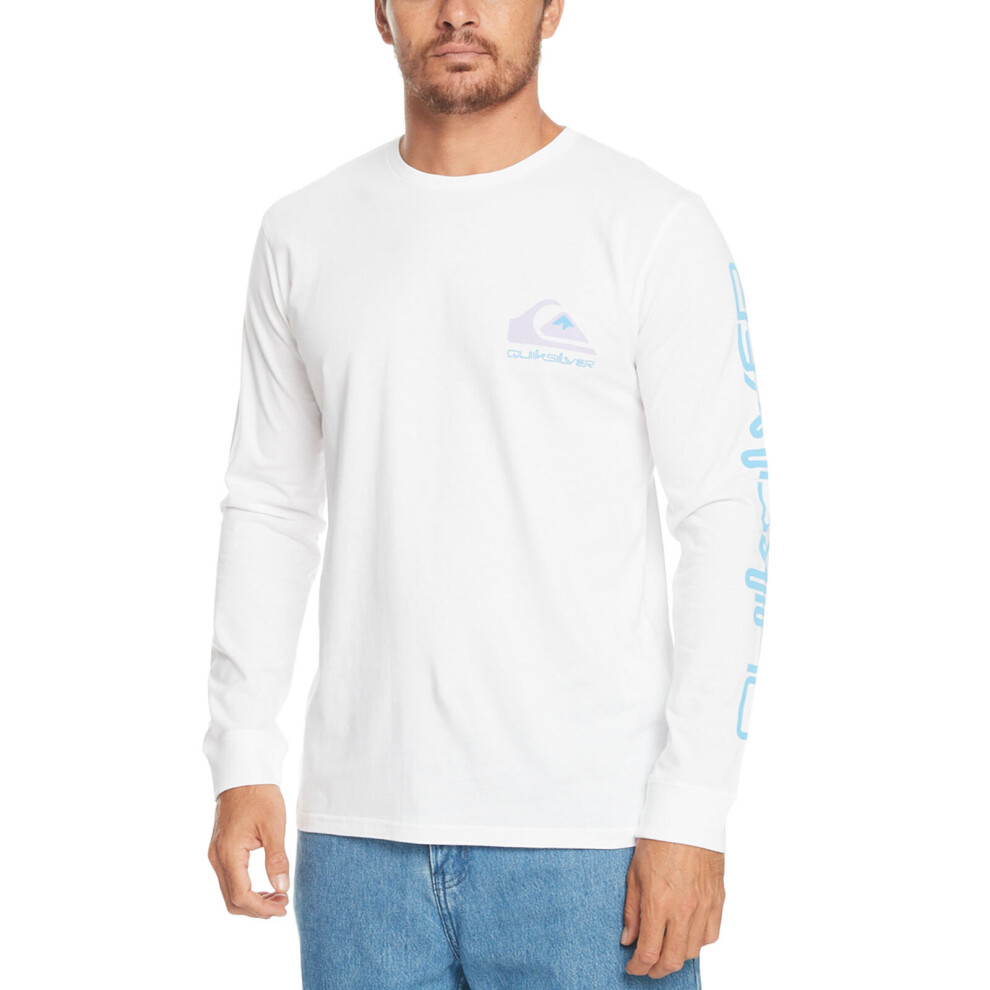 (M, White) Quiksilver Mens Omni Logo Long Sleeve Crew Neck Cotton T-Shirt Top Tee