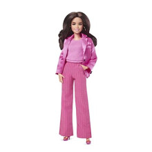 Barbie The Movie Doll, Gloria Collectible Wearing Three-Piece Pink Power Pantsuit with Strappy Heels and Golden Earrings, HPJ98
