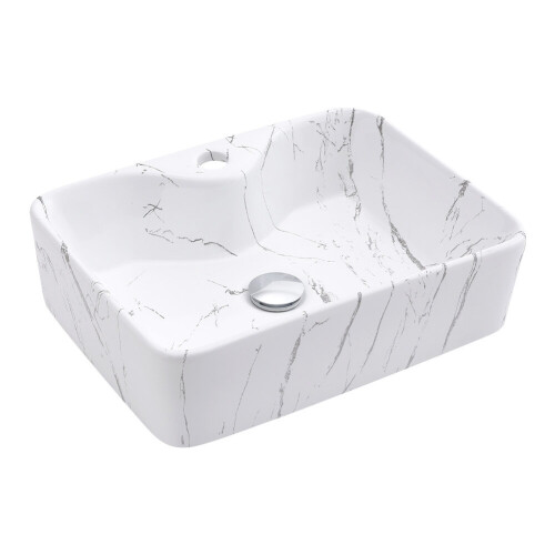 Living And Home Rectangular White Ceramic Marble Effect Texture Countertop Basin Bathroom Sink W 480mm x D 370mm 2