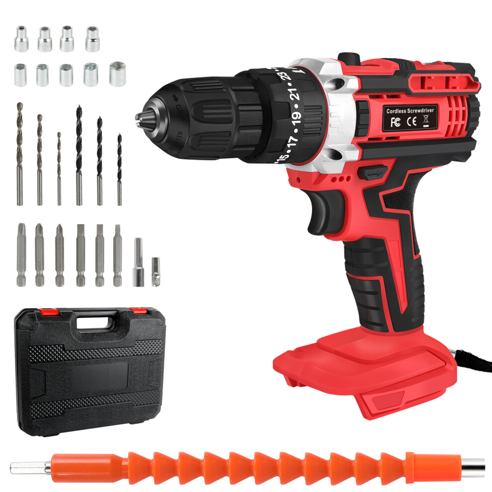 (Red-No battery) 21V Cordless Impact Wrench 3/8" Keyless Chuck Drill Electric Drill Driver Set with Tool Box Combo Kit