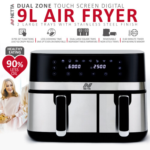 NETTA NETTA 9L Dual-Basket Air Fryer with Digital Smart Programmes 1