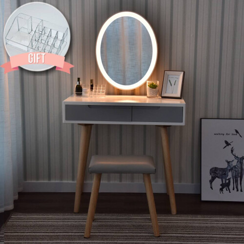 White Vanity Dressing Table With LED Lights Mirror 2 Drawer Storage on