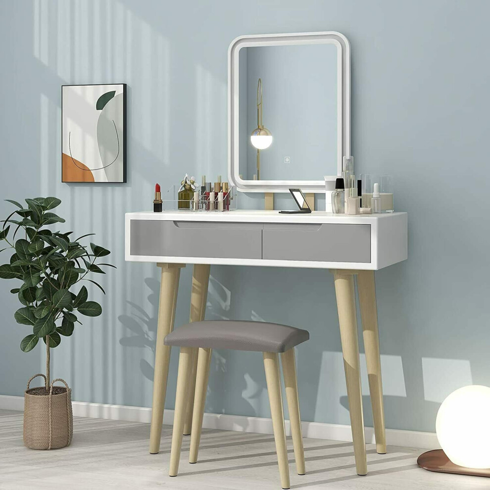Modern Dressing Table Set Dimmable LED Lighted Mirror w/2 Drawer&Stool