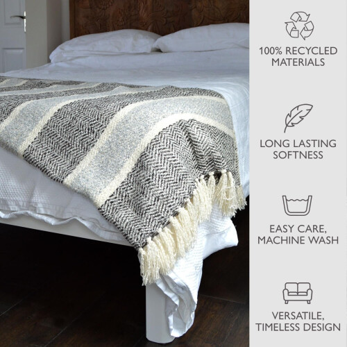 (Grey, 150 x 200cm) Savannah Herringbone Throw Blanket - 100% Recycled 1