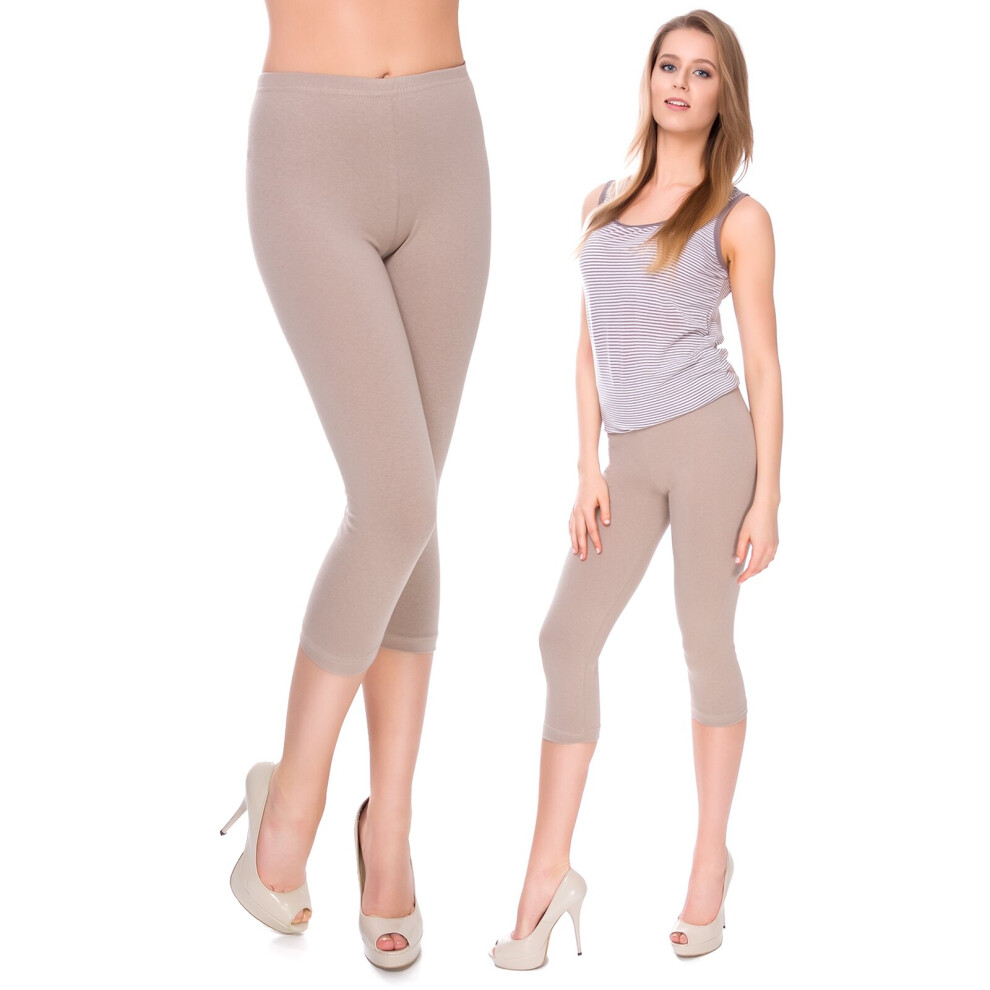 (16/18, Beige) Cropped Cotton Classic 3/4 Leggings Fitness Gym