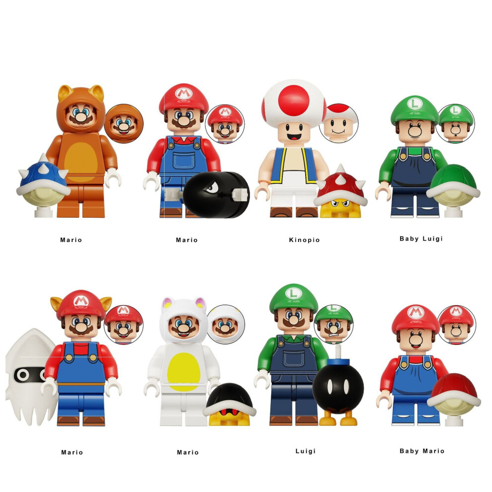 8PCS Super Mario Luigi Peach Princess Mushroom Mini Figures Building Blocks Characters Fits Lego Kids Best Gift