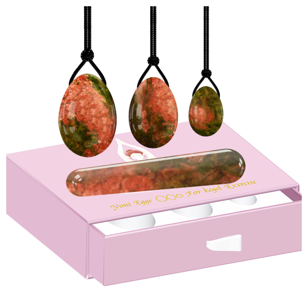 Dechoicelife (A-Eggs-Wand With Box) Unakite Yoni Egg Massage Ben Wa Ball Yoni Wand For Women Pelvic Floor Muscle Kegel Exercise Natural Jade Stone Yoni Egg Set