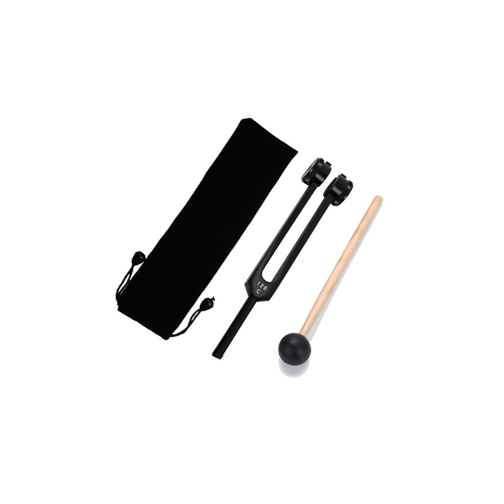 Dechoicelife Black (A-) Medical 128C Neurological Massage Sound Healing Therapy Tuning Fork With Mallet Flannel Bag Chakra Ball Hammer