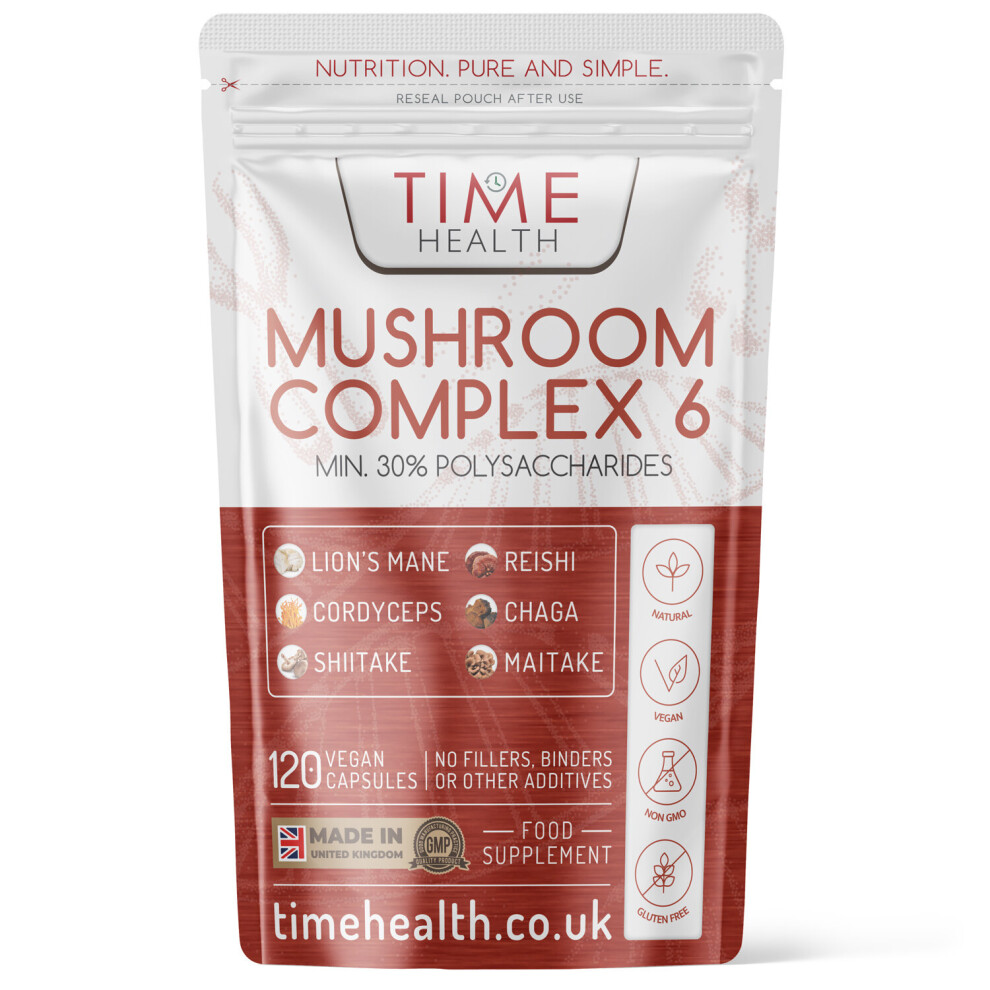 Mushroom Complex 6 | 120 Capsules | Maximum Strength 12000mg per Capsule | Chaga, Cordyceps, Shiitake, Reishi, Lions Mane, Maitake | UK Made