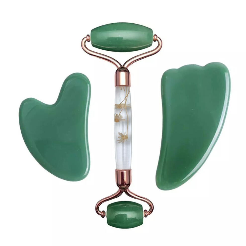Dechoicelife (A-Type A) Aventurine Gouache Scraper Face Massage Jade Roller Set Natural Gouache Stone Facial Roller Jade Massager Gua Sha Face Scraper