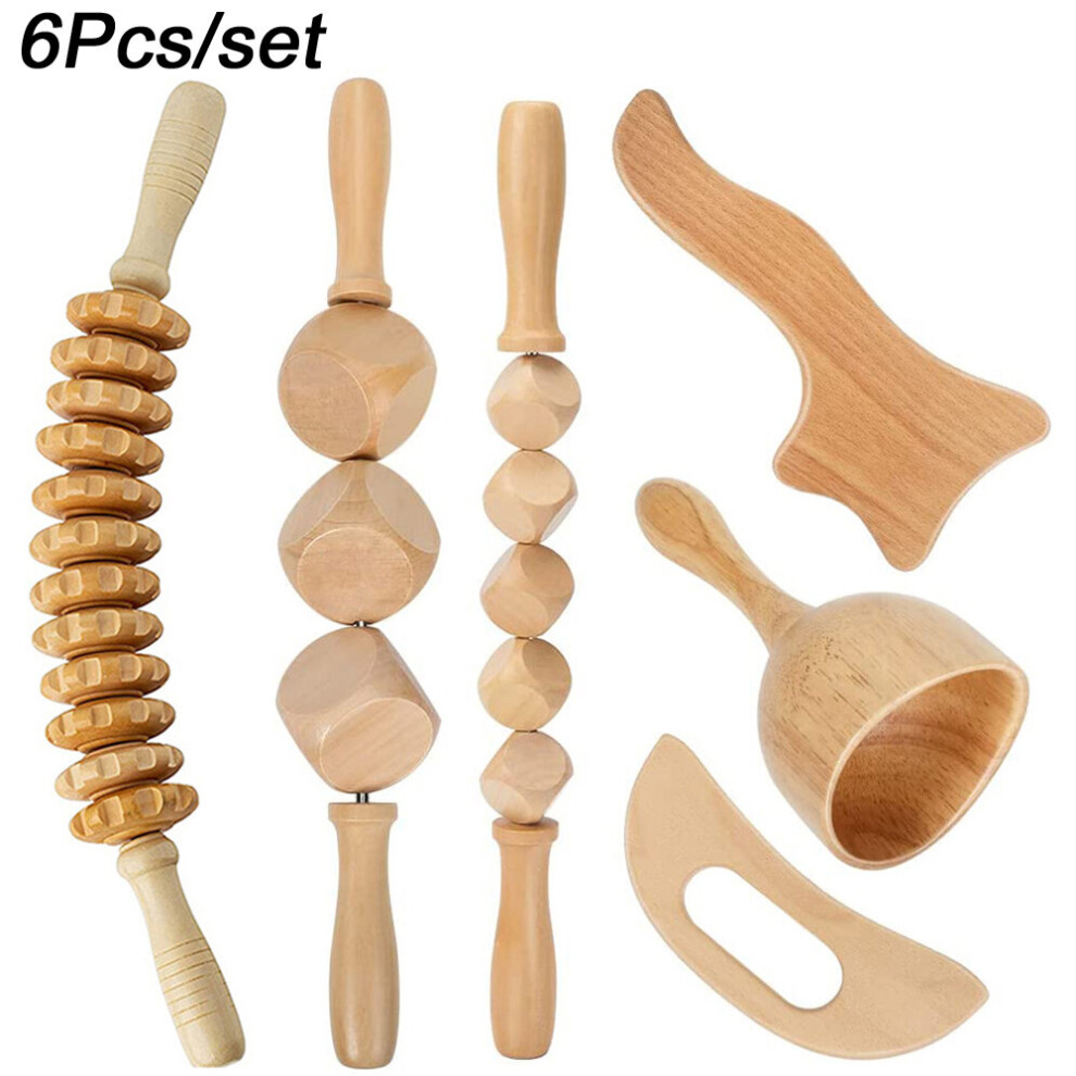 Dechoicelife (A-6Pcs) Wood Therapy Kit Massage Tools Maderoterapia Kit Wood Massager Roller Wood Gua Sha Roller Manual Wooden Fascia Massage Tools