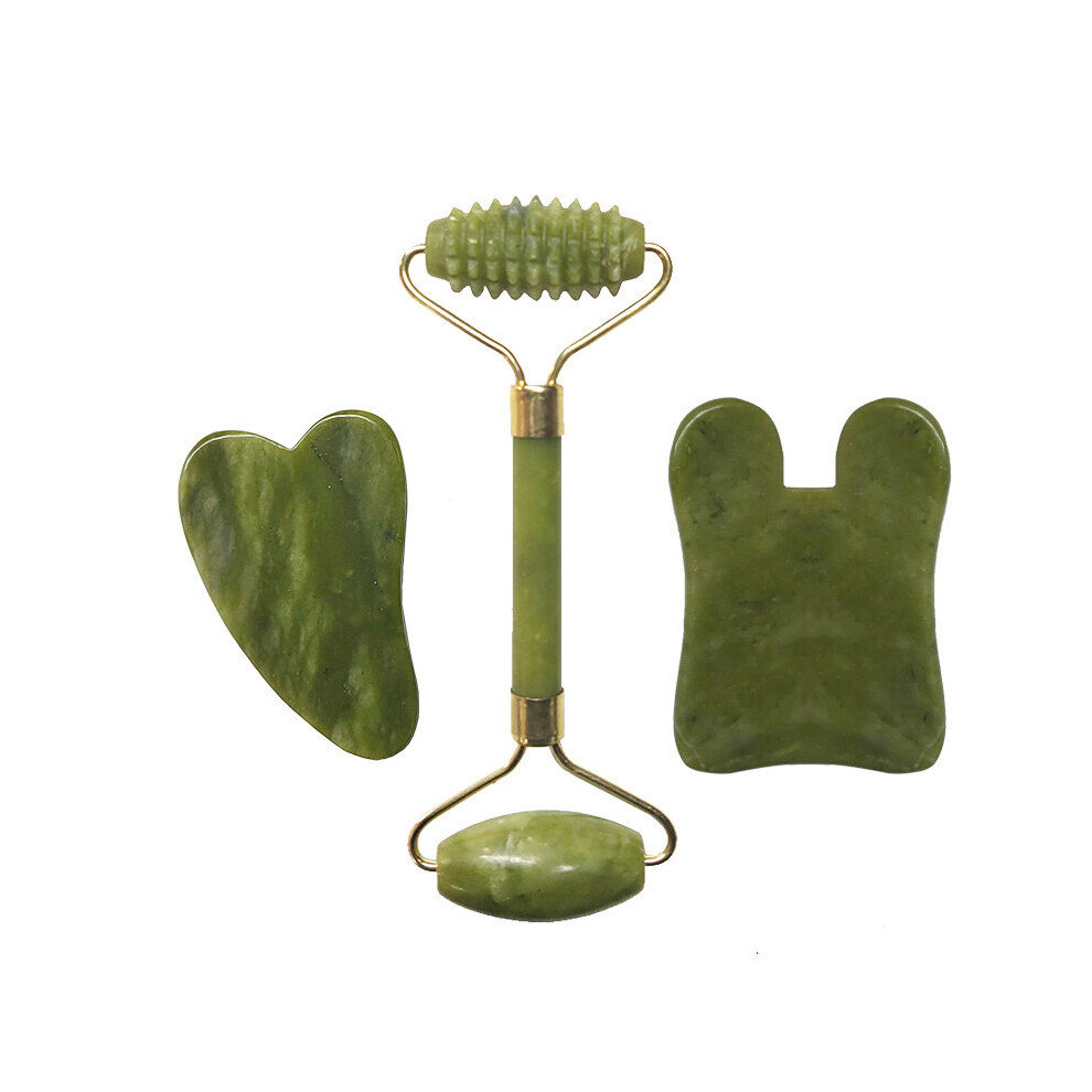 Dechoicelife (A-3Pcs Set A) Natural Jade Roller Facial Massager Real Stone Face Roller Guasha Massage Board Set Guasha Tool Jade Roller Guasha Massage Board