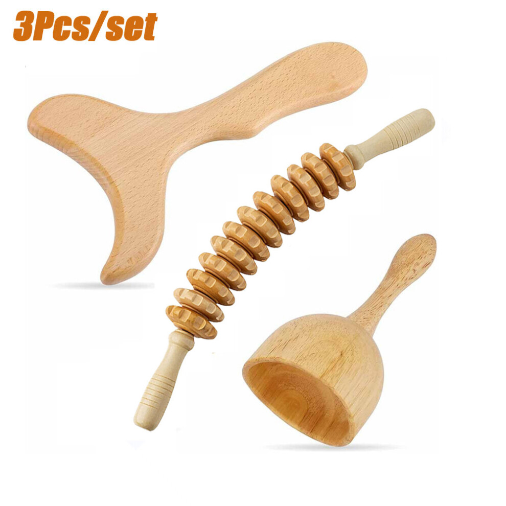 Dechoicelife (A-3Pcs) Wood Massage Tools Anti Cellulite Massage Roller Wooden Gua Sha Tools Wooden Handheld Massage Cup For Lymphatic Drainage
