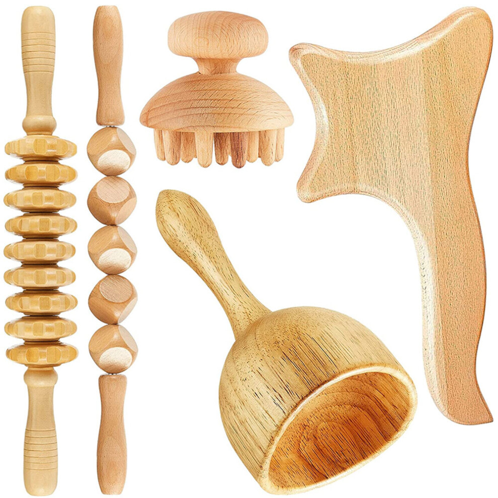 Dechoicelife (A-5Pcs) Wooden Body Maderotherapy Back Massage Roller Wheel Anticellulite Gua Sha Massage Tools Maderotherapy Kit For Reductive Massage
