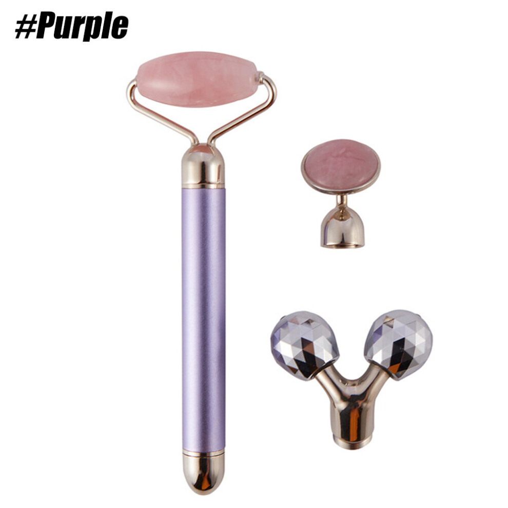 Dechoicelife (A-Purple) 3 In 1 Vibrating Facial Jade Roller Set Rose Quartz Jade Roller Stone With 3 Replaceable Heads Face Slimming Lifting Massager