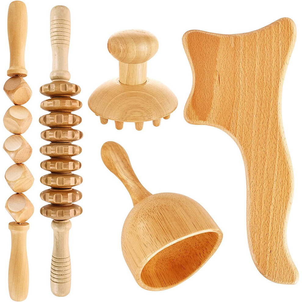 Dechoicelife (A-Set A-5Pcs) Wood Therapy Massage Tools,Lymphatic Drainage Massager Tool Set,Wood Massage Cup Roller Stick Contouring Board,Body Sculpting