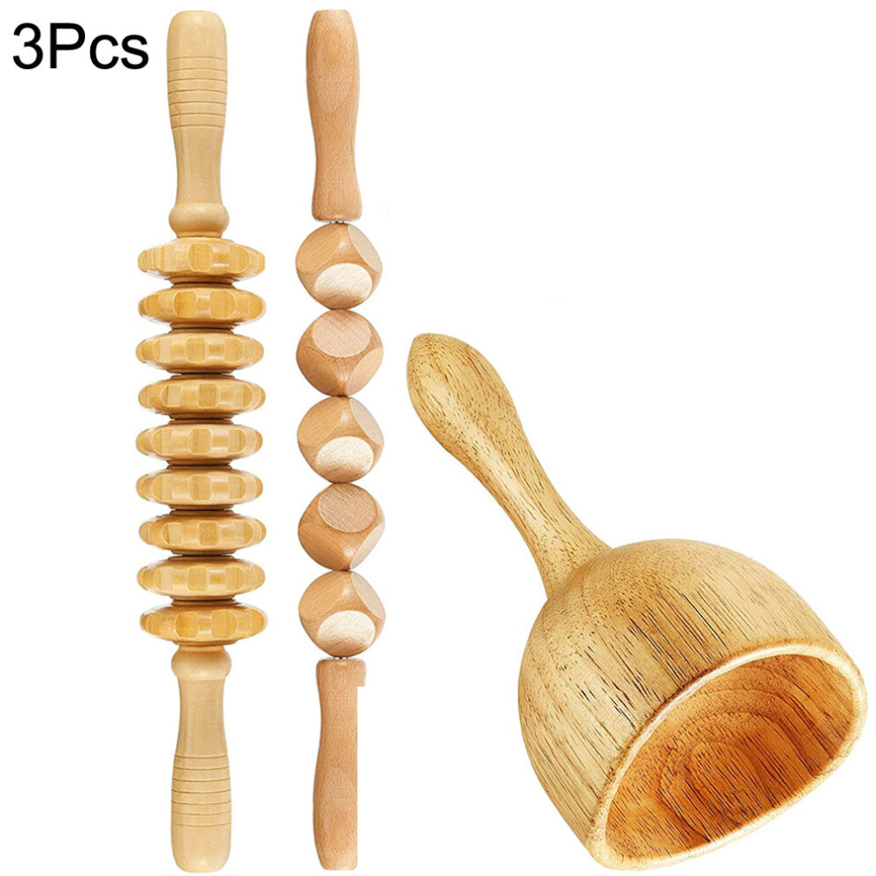 Dechoicelife (A-3Pcs) Wood Therapy Massager Cup Anti-Cellulite Gua Sha Tool Maderoterapia Colombiana Lymphatic Drainage Trigger Point Massager Roller