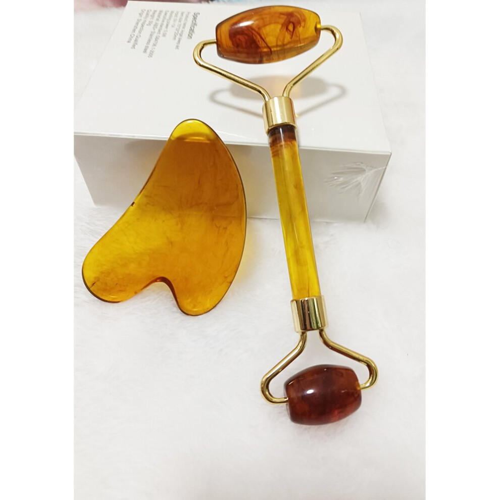 Dechoicelife (A-Brown Set) Guasha Massage Face Massager Neck Body Roller Gua Sha Scraper Face Lift Up Wrinkle Remover Roller Scrape Set Massage Visage