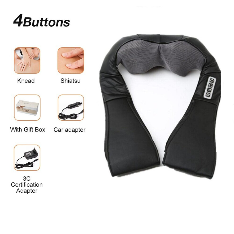Dechoicelife Black (A-Four-Button Eu Plug) U Shape Electrical Shiatsu Back Neck Shoulder Body Massager Infrared Heated 4D Kneading Car/Home Massage Shawl Device