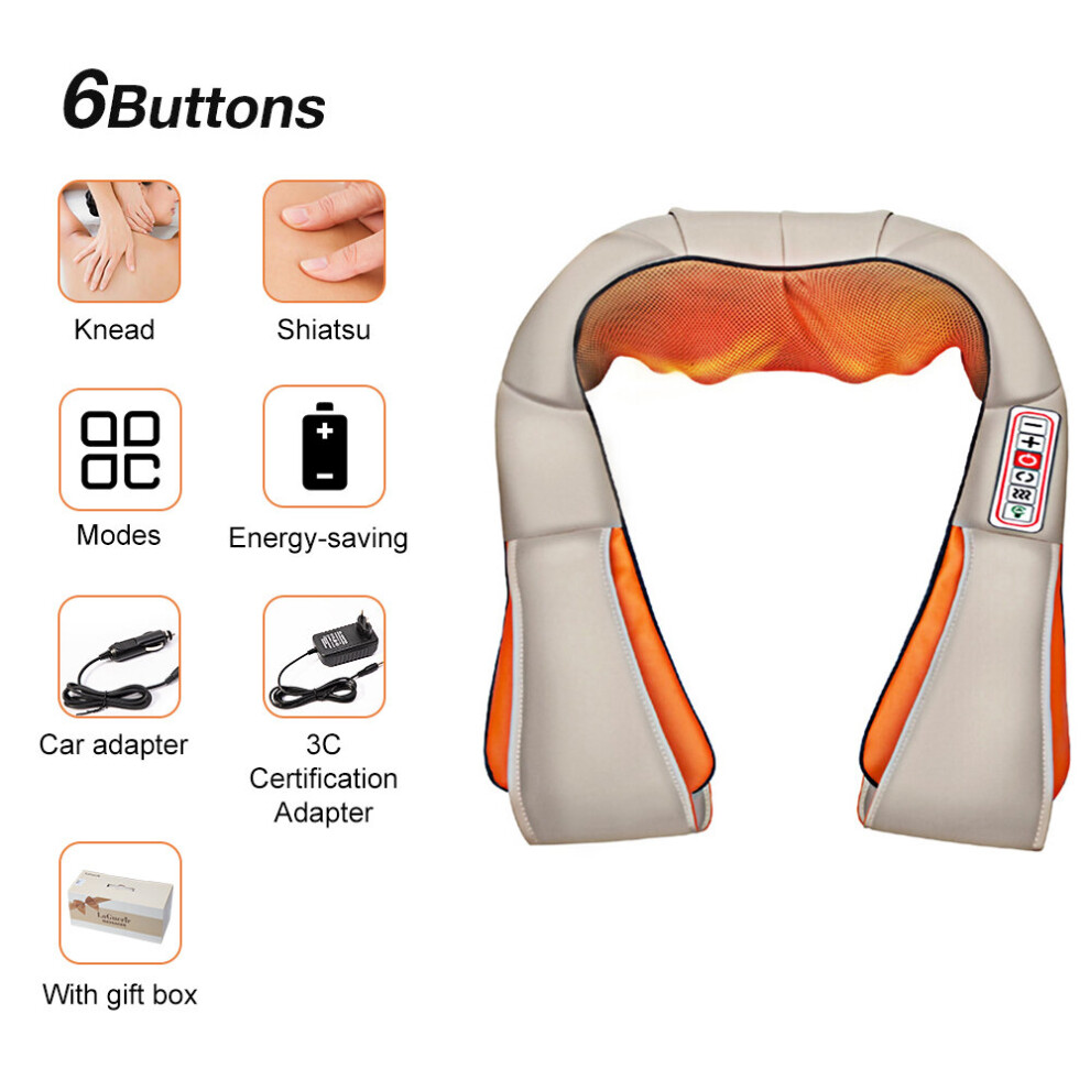 Dechoicelife Beige (A-Six-Button Uk Plug) U Shape Electrical Shiatsu Back Neck Shoulder Body Massager Infrared Heated 4D Kneading Car/Home Massage Shawl Device
