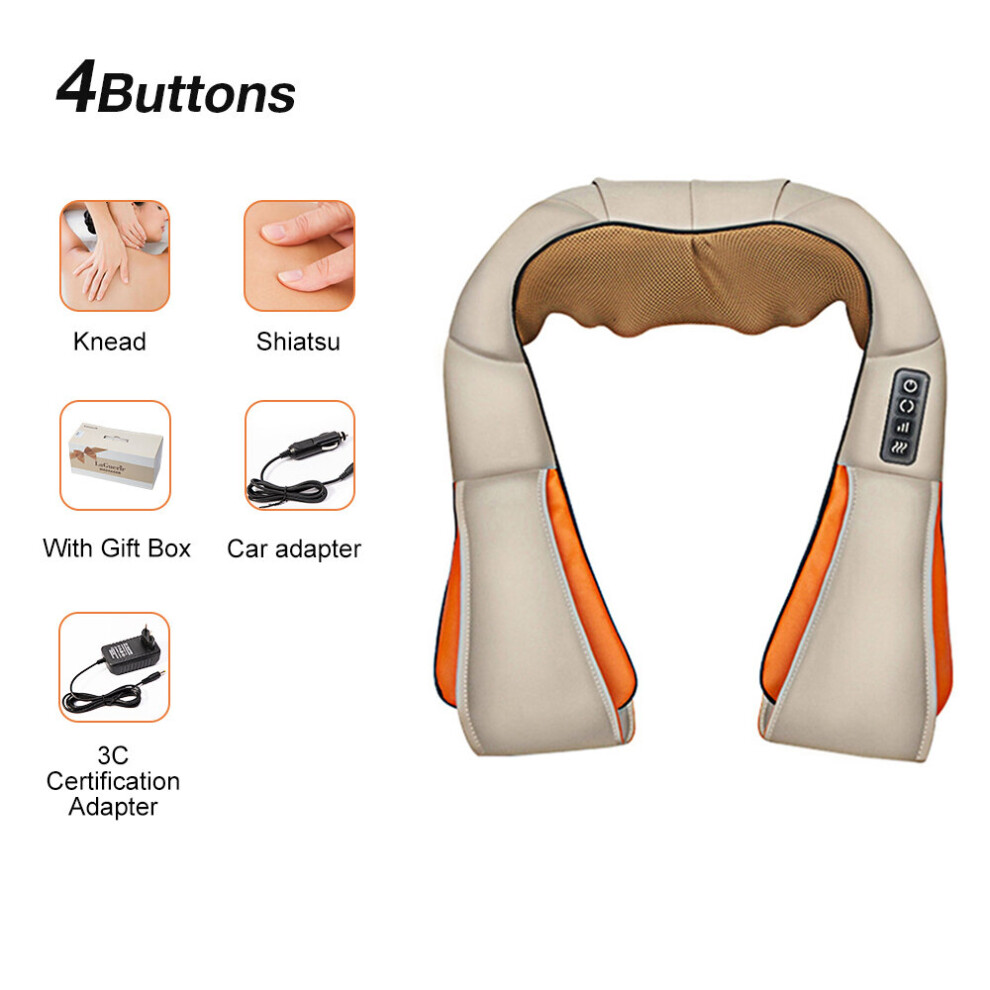 Dechoicelife Beige (A-Four-Button Uk Plug) U Shape Electrical Shiatsu Back Neck Shoulder Body Massager Infrared Heated 4D Kneading Car/Home Massage Shawl Device