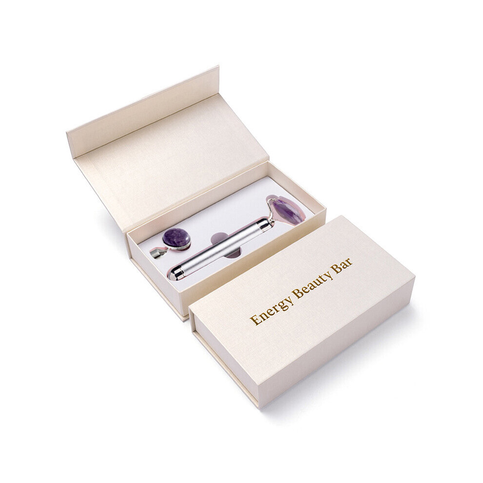 Dechoicelife (A-Silver-With Box) 2 In 1 Electric Vibrating Natural Rose Quartz Jade Roller Face Lifting Crystal Jade Stone Facial Roller Beauty Massage Tool