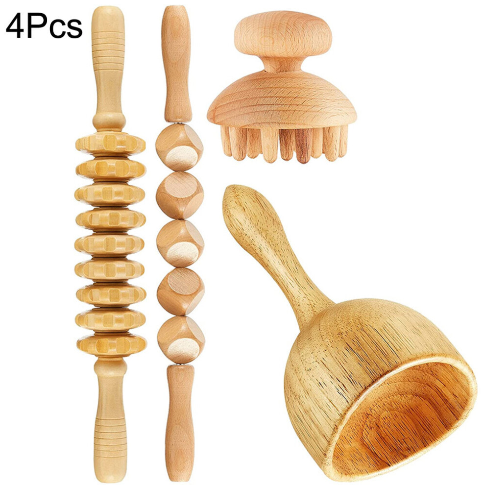 Dechoicelife (A-4Pcs) Wood Therapy Massage Tools,Lymphatic Drainage Massager Tool Set,Wood Massage Cup Massage Rollers Contouring Board,Body Sculpting