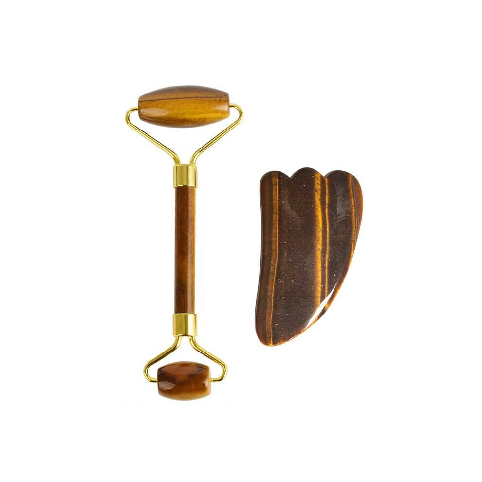 Dechoicelife (A-1 Set No Box) Tiger Eye Jade Roller Natural Stone Guasha Board Anti Puffiness Facial Massager Scraper Jade Face Roller Massage Set With Box