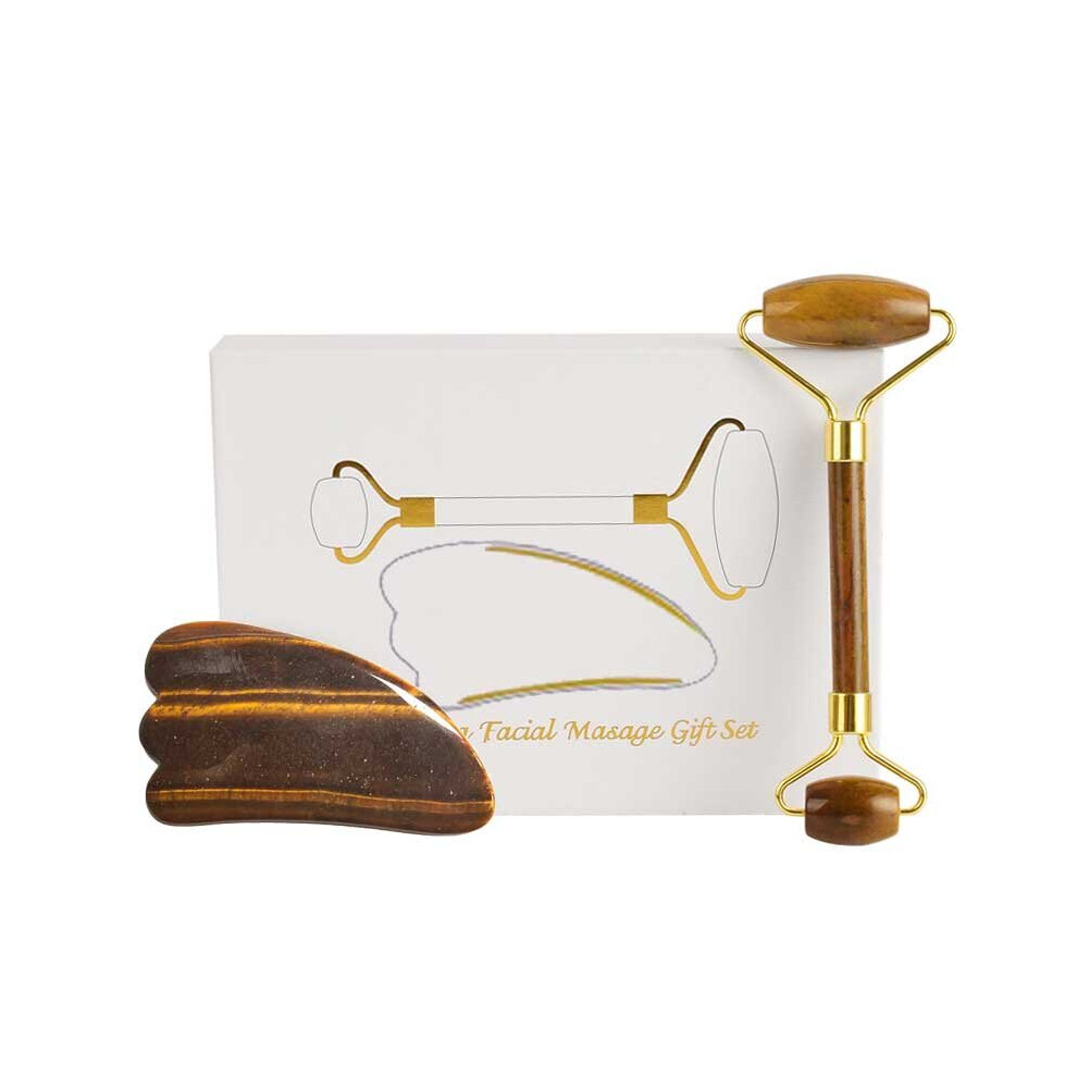 Dechoicelife (A-1 Set With Box) Tiger Eye Jade Roller Natural Stone Guasha Board Anti Puffiness Facial Massager Scraper Jade Face Roller Massage Set With Box