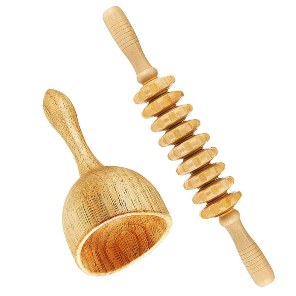 Dechoicelife (A-2Pcs-Set Massager) 1Set Lymphatic Drainage Massager Wood Massage Roller Tools,Anti Cellulite Massage Roller, Wood Massage Cup,Fascia Massage Roller