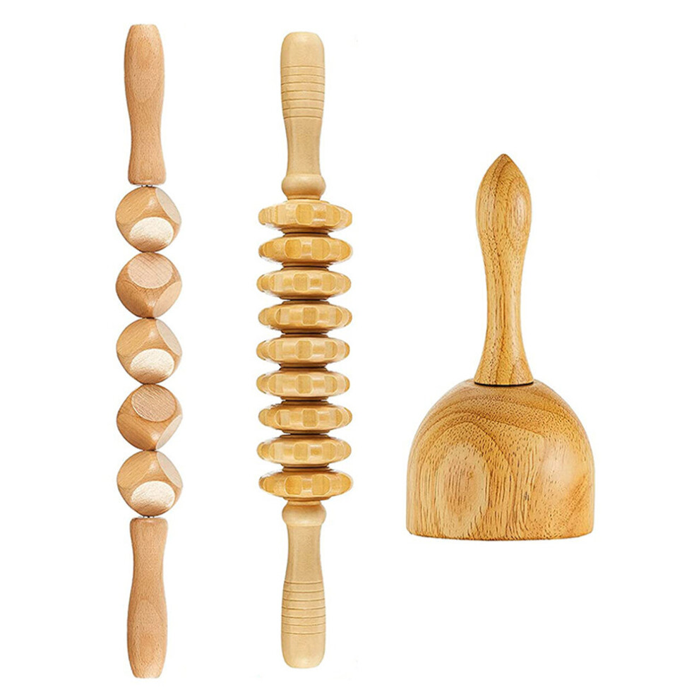 Dechoicelife (A-3Pcs-Set Massager) 1Set Lymphatic Drainage Massager Wood Massage Roller Tools,Anti Cellulite Massage Roller, Wood Massage Cup,Fascia Massage Roller