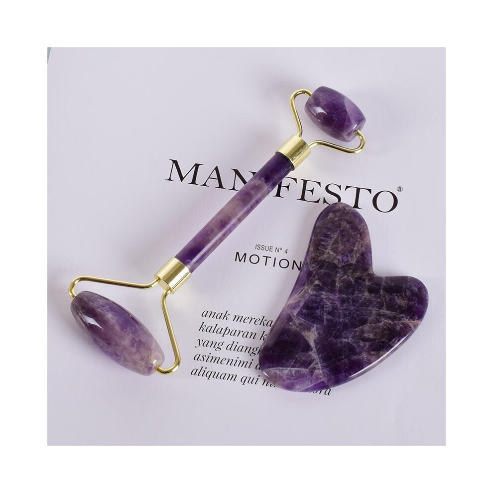 Dechoicelife Gold (A-) Amethyst Face Roller Gua Sha Tool Set Facial Neck Massage Natural Stone Jade Roller Slimming Anti Wrinkle Cellulite Beauty