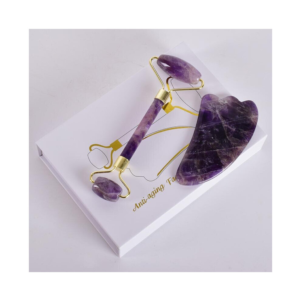 Dechoicelife Green (A-) Amethyst Face Roller Gua Sha Tool Set Facial Neck Massage Natural Stone Jade Roller Slimming Anti Wrinkle Cellulite Beauty