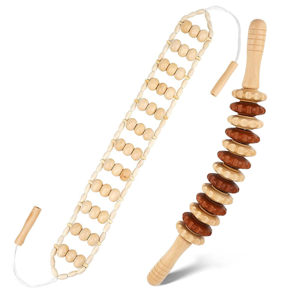 Dechoicelife 2 Pcs Wood Therapy Massage Tools, Portable Manual Wooden Massage Wood Back Massage Roller Rope, Wood Massager Handheld Roller