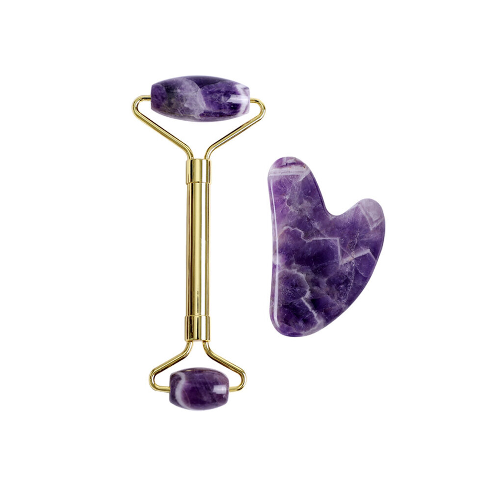 Dechoicelife (A-Type C) Natural Amethyst Jade Face Massage Roller Guasha Scraper Set Gouache Stone Facial Roller Massager Gouache Scraper Massage Tools