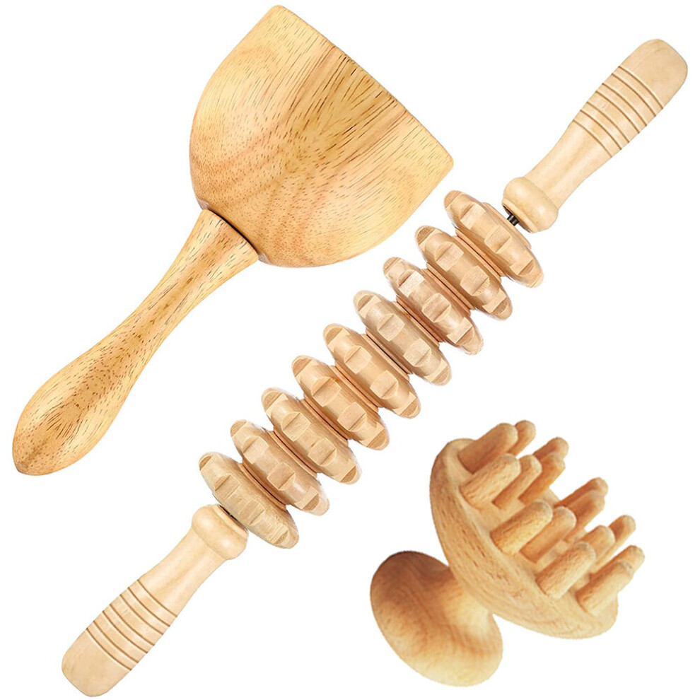 Dechoicelife (A-3Pcs-Set Massager) Wood Therapy Massage Tools Maderoterapia Kit Wooden Gua Sha Tool Wood Roller Massage Tool Mushroom Massager Anti Cellulite